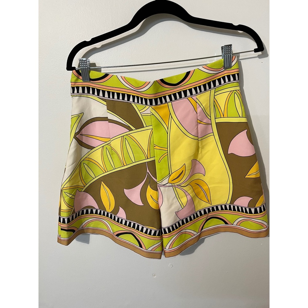 Zara Womens High Waisted Retro Botanical Geometric Print Shorts Green Yellow L